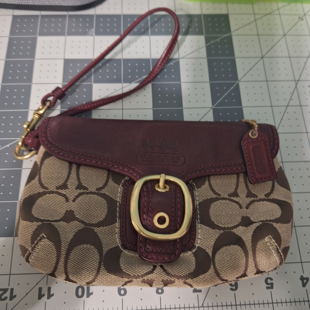 Coach Burgundy and Tan Signature Wristlet